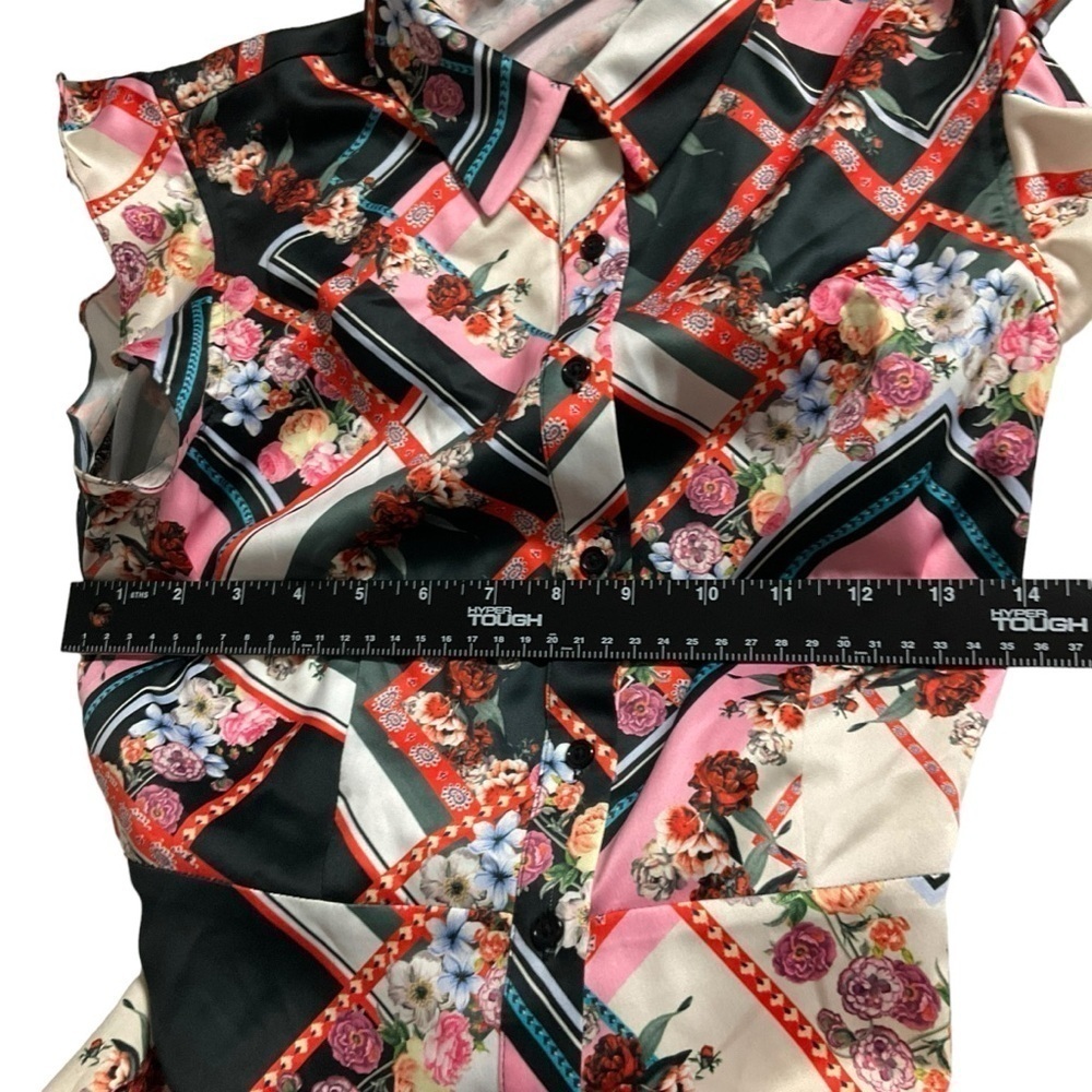 G.I.L.I. Asymmetrical Shirt Dress Print Size 0 Artsy Boho Flounce Sleeve - Picture 6 of 8